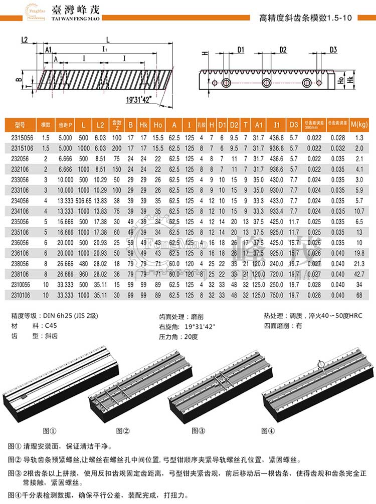 高精度斜齒條模數1.5~10(DIN6h25)型號選型規(guī)格尺寸參數表 高精度斜齒條模數1.5~10(DIN6h25)型號選型規(guī)格尺寸參數表